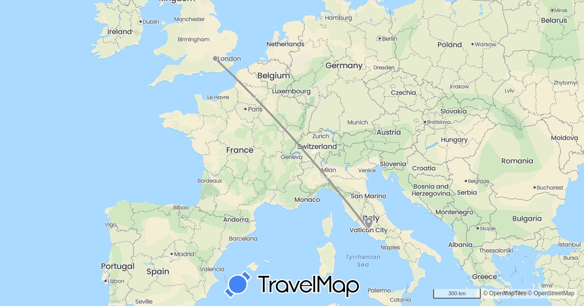 TravelMap itinerary: driving, plane in United Kingdom, Italy (Europe)